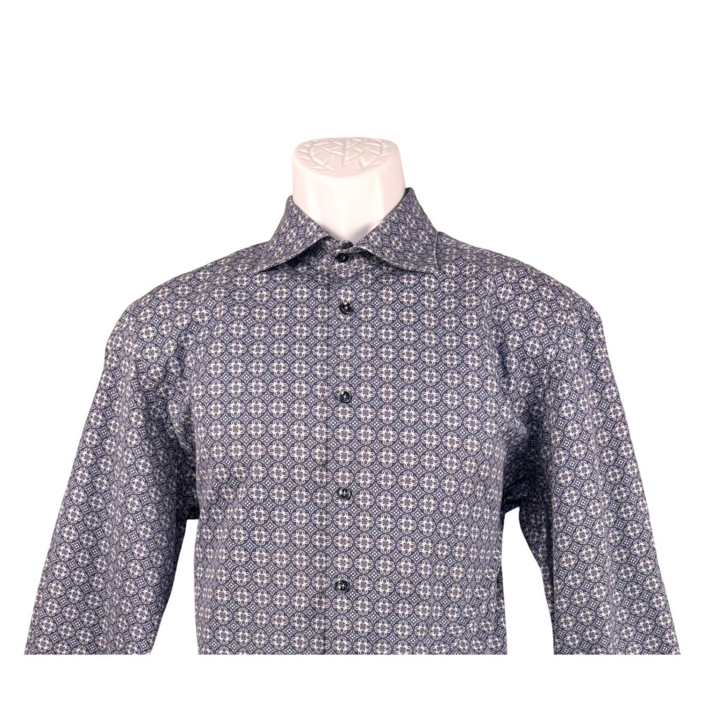 Stenstroms Mens Blue Geometric Twofold Super Cotton Fitted Body Dress Shirt 16.5